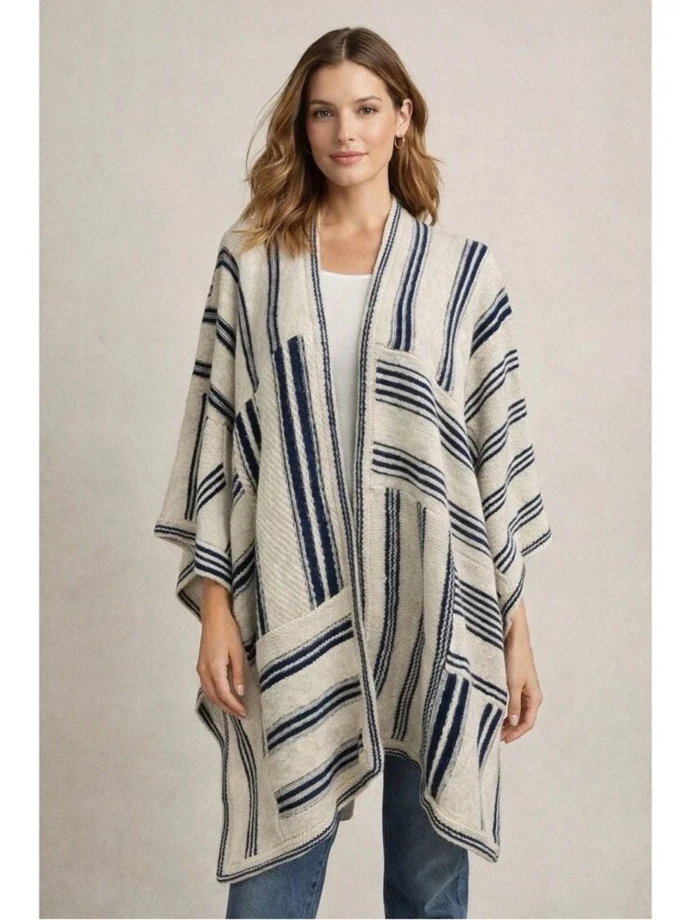 Polo Ralph Lauren Linen Cotton Patchwork Poncho Cream Blue Stripe size Small